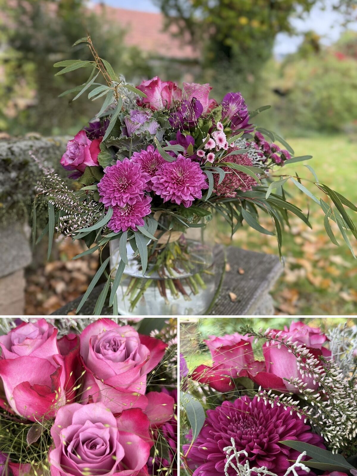 Herbststrau&szlig; mit pinken Chrysanthemen, Rosen, Zierkohl und Heidekraut in Glasvase