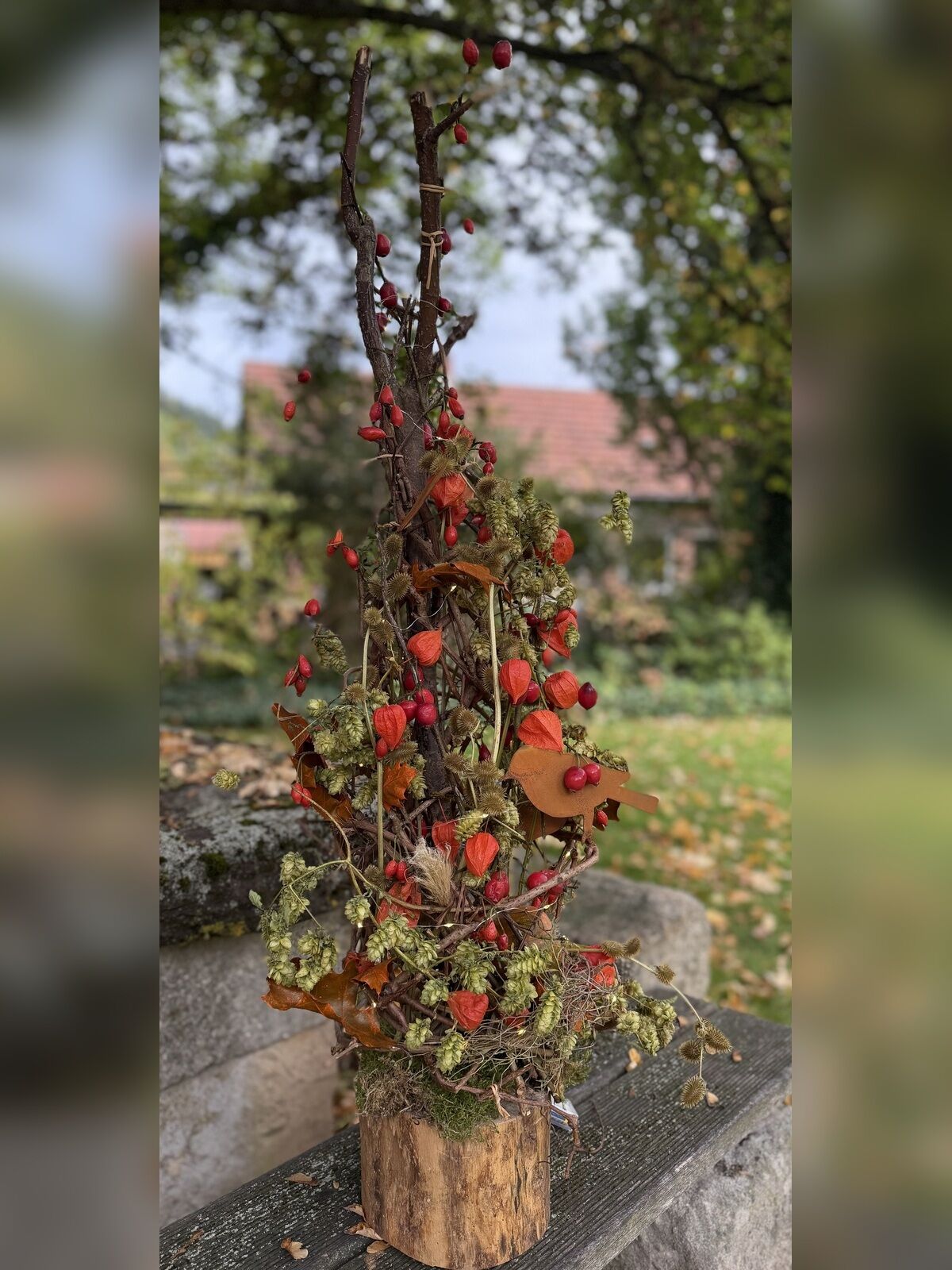 Herbstgesteck mit Lampionblumen, Hagebutten, Hopfen und Rostvogel auf Holzstamm