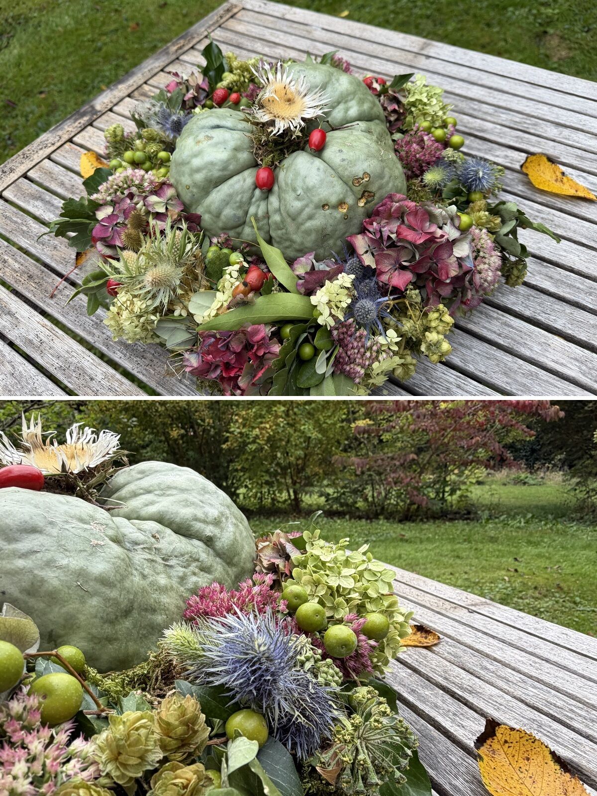 Herbstgesteck mit blaugr&uuml;nem Zierk&uuml;rbis, Hortensien, Edeldisteln, Hagebutten und Silberdistel