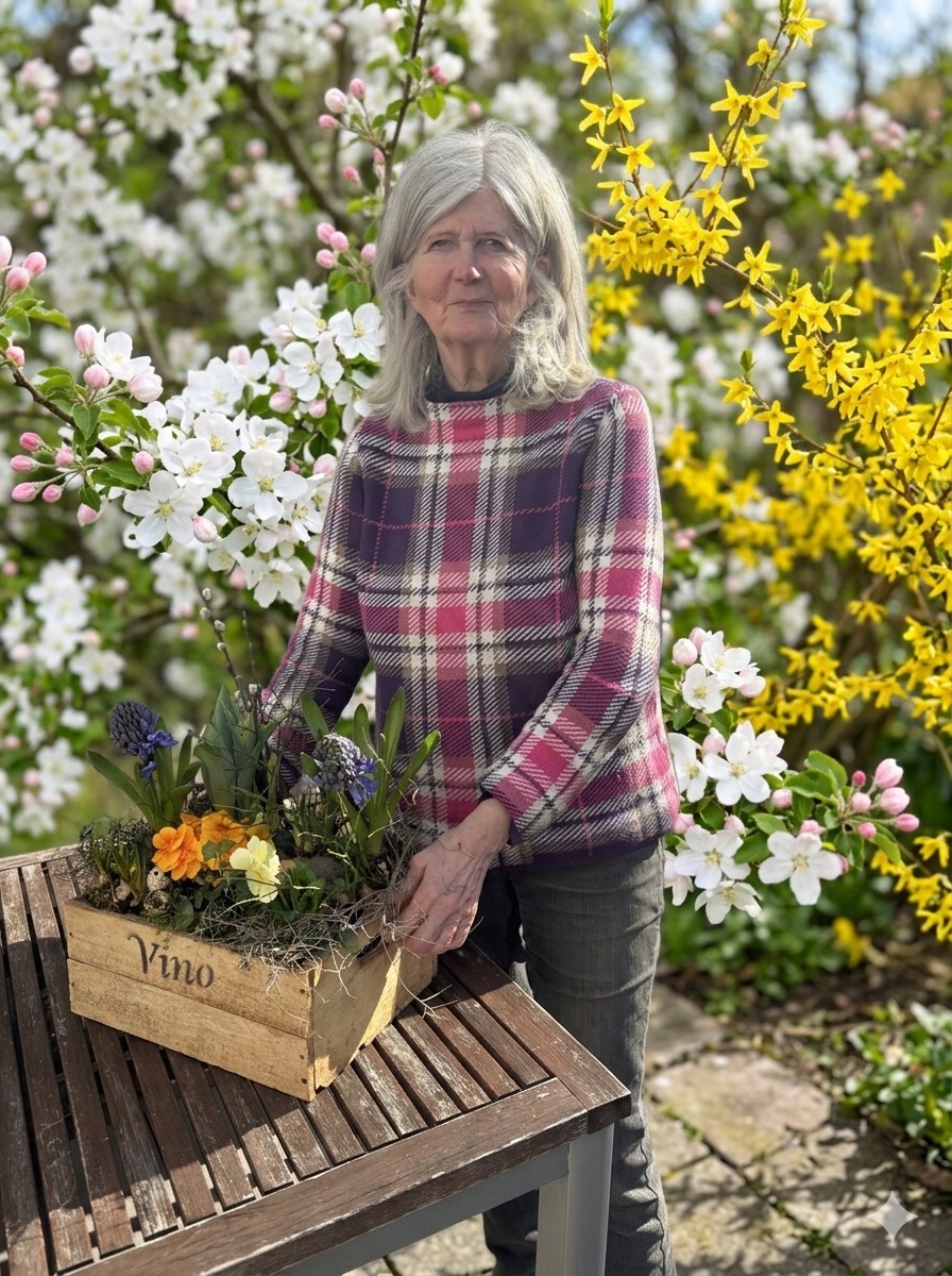 Inhaberin der Blumenwerkstatt mit einem Frühlingsgesteck im Garten